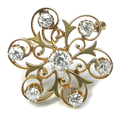 Victorian 0.70ct Old Mine Diamond 14k Yellow Gold Swirl Pin/Pendant