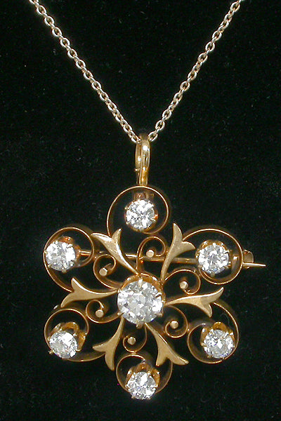 Victorian 0.70ct Old Mine Diamond 14k Yellow Gold Swirl Pin/Pendant