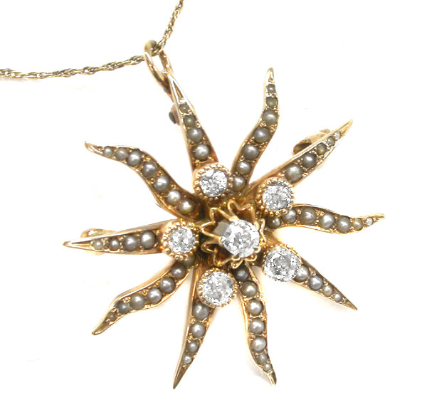 Victorian Old Mine Cut Diamond Pearl 14k Yellow Gold Starburst Pin/Pendant