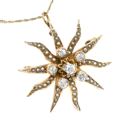 Victorian Old Mine Cut Diamond Pearl 14k Yellow Gold Starburst Pin/Pendant
