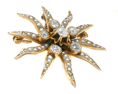 Victorian Old Mine Cut Diamond Pearl 14k Yellow Gold Starburst Pin/Pendant