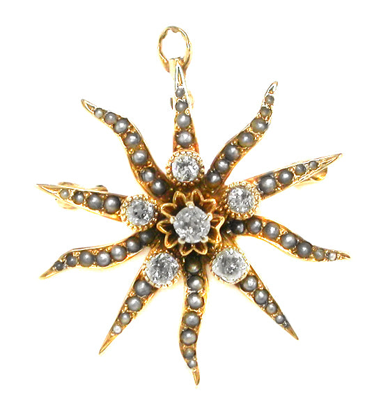 Victorian Old Mine Cut Diamond Pearl 14k Yellow Gold Starburst Pin/Pendant