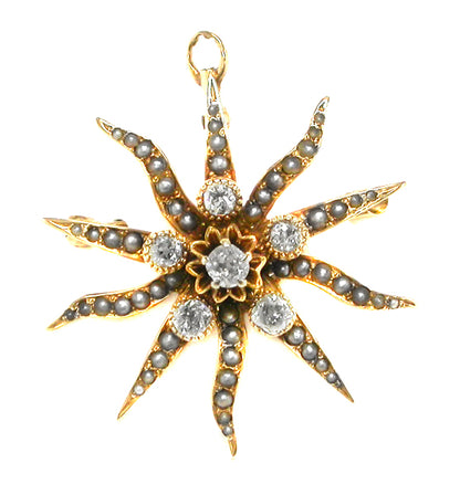Victorian Old Mine Cut Diamond Pearl 14k Yellow Gold Starburst Pin/Pendant
