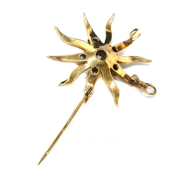 Victorian Old Mine Cut Diamond Pearl 14k Yellow Gold Starburst Pin/Pendant