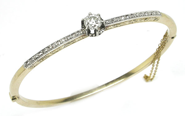 Victorian 0.80ct Old Mine Cut Diamond 14k Yellow Gold Bangle