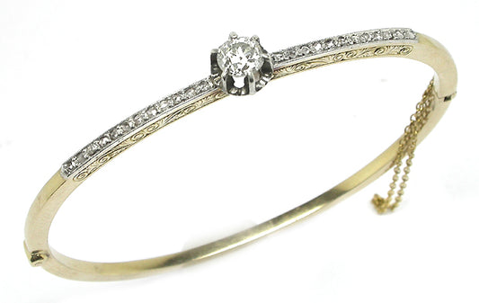 Victorian 0.80ct Old Mine Cut Diamond 14k Yellow Gold Bangle