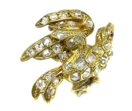 Victorian 0.80ct Old Mine Diamond Ruby 10k Yellow Gold Bird  Pin