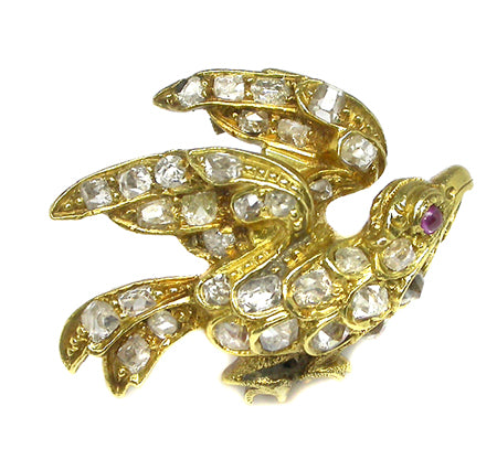 Victorian 0.80ct Old Mine Diamond Ruby 10k Yellow Gold Bird  Pin