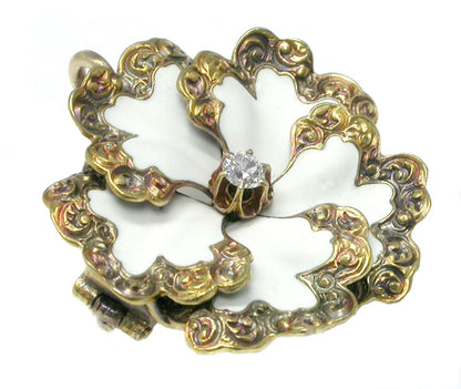 Victorian 14k Yellow Gold Diamond White  Enamel Flower Pin