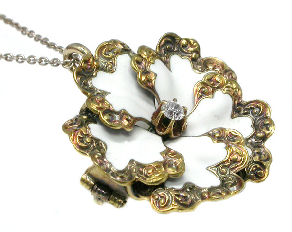 Victorian 14k Yellow Gold Diamond White  Enamel Flower Pin