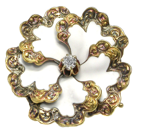 Victorian 14k Yellow Gold Diamond White  Enamel Flower Pin