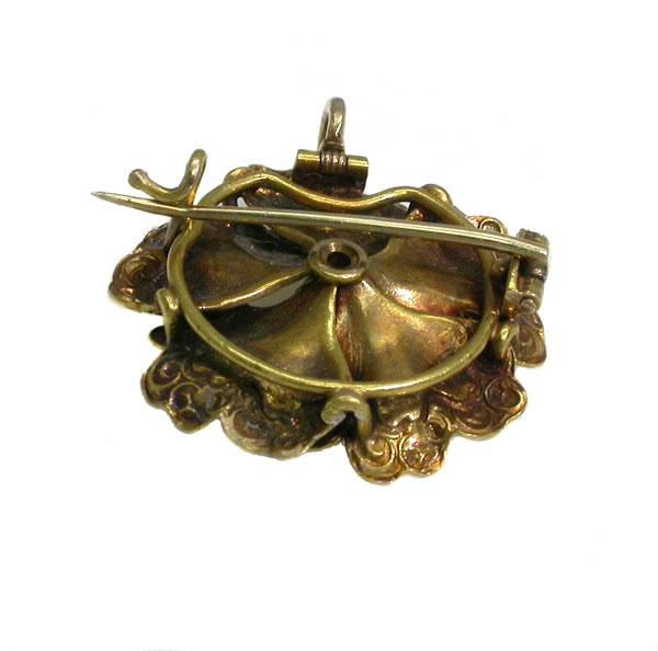 Victorian 14k Yellow Gold Diamond White  Enamel Flower Pin