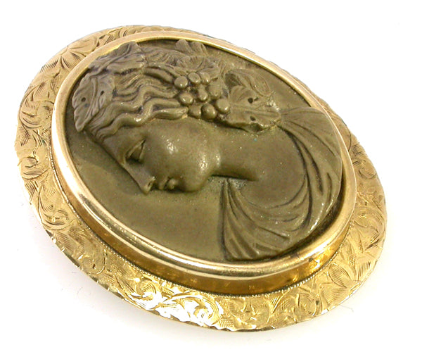 Victorian  14k Yellow Gold Lava  Bacchanalia Cameo Pin