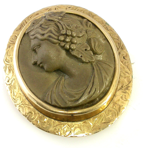 Victorian  14k Yellow Gold Lava  Bacchanalia Cameo Pin