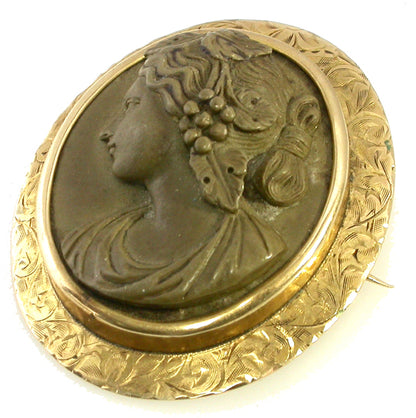 Victorian  14k Yellow Gold Lava  Bacchanalia Cameo Pin