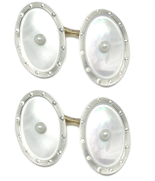 Victorian 14k Yellow Gold Platinum Mother of Pearl and Pearl Cufflinks