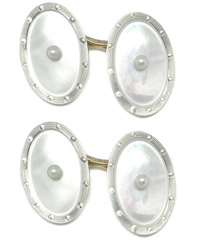 Victorian 14k Yellow Gold Platinum Mother of Pearl and Pearl Cufflinks