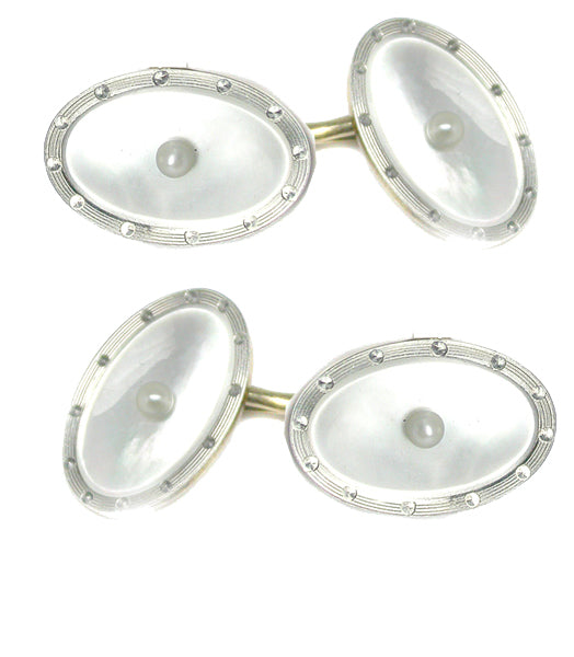 Victorian 14k Yellow Gold Platinum Mother of Pearl and Pearl Cufflinks