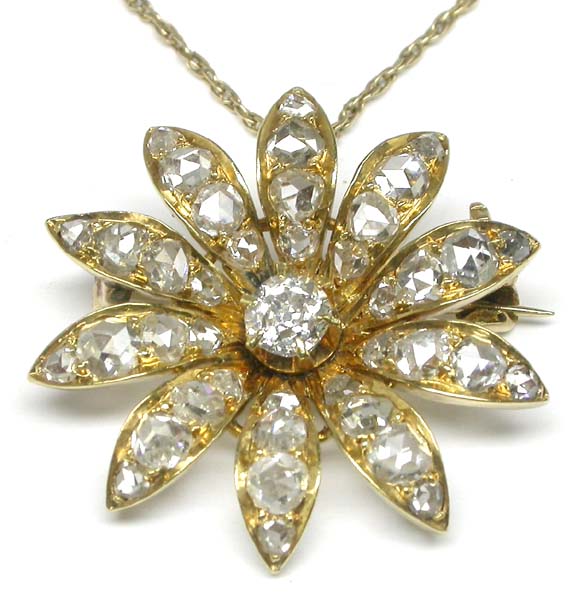 Victorian 2.30ct Diamond 18k Yellow Gold Floral Pin/Pendant
