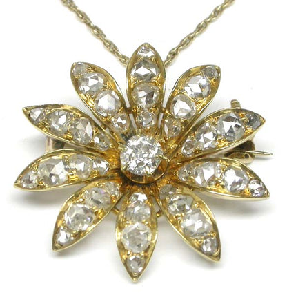 Victorian 2.30ct Diamond 18k Yellow Gold Floral Pin/Pendant