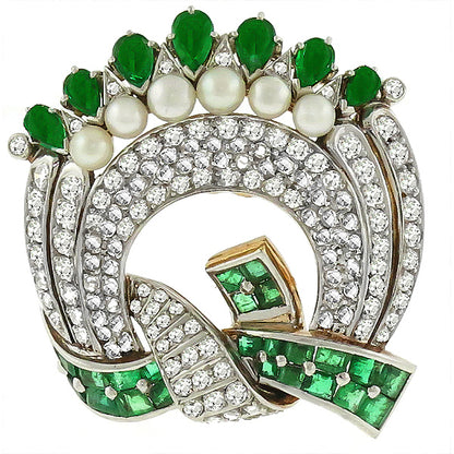 Art Deco Emerald Diamond and Pearl Platinum and 18 Yellow Gold Pin