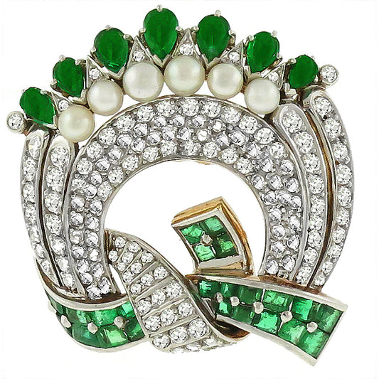 Art Deco Emerald Diamond and Pearl Platinum and 18 Yellow Gold Pin