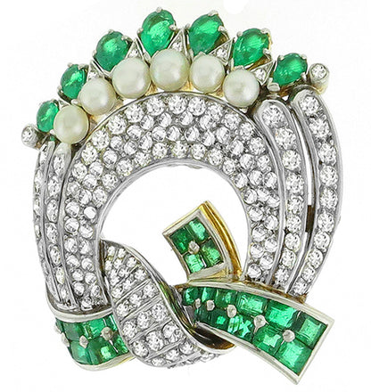 Art Deco Emerald Diamond and Pearl Platinum and 18 Yellow Gold Pin