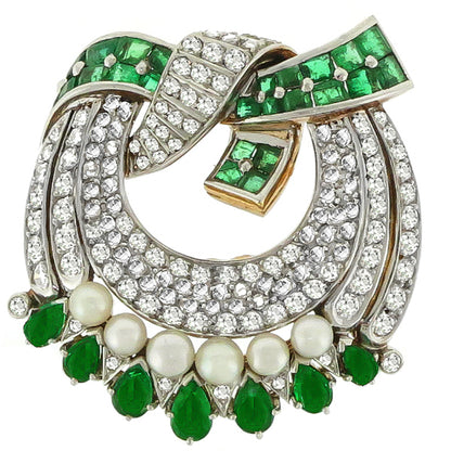 Art Deco Emerald Diamond and Pearl Platinum and 18 Yellow Gold Pin