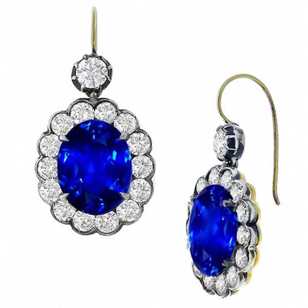 Victorian  13.40ct Ceylon Sapphire & 3.64ct Diamond Silver & Gold Earrings