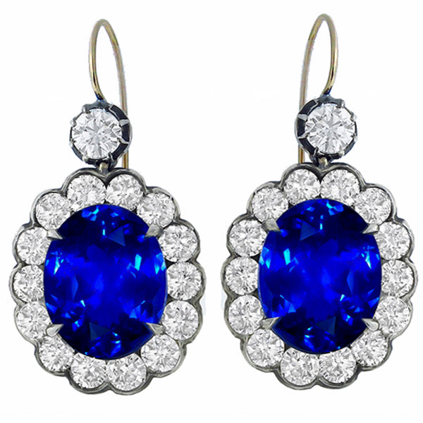 Victorian  13.40ct Ceylon Sapphire & 3.64ct Diamond Silver & Gold Earrings