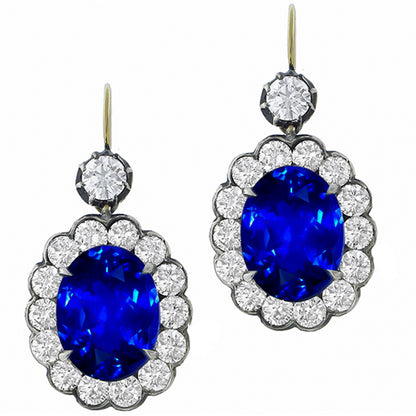 Victorian  13.40ct Ceylon Sapphire & 3.64ct Diamond Silver & Gold Earrings