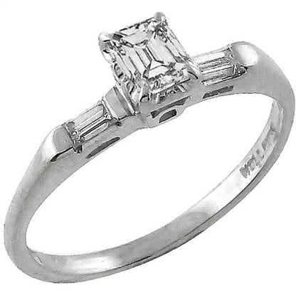 Antique 0.40ct Emerald Cut Diamond 14k White Gold Engagement Ring and Band Set