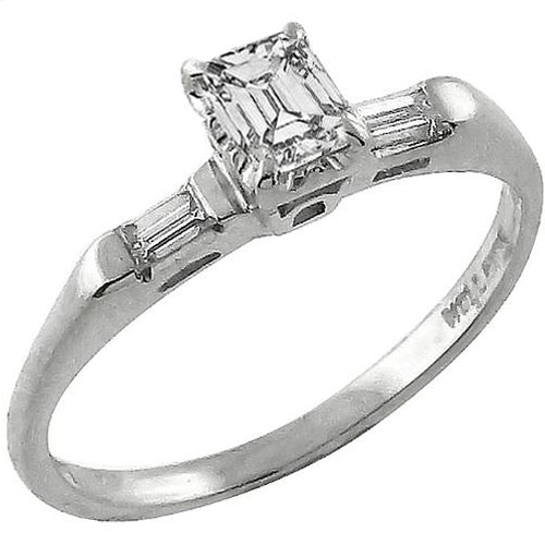 Antique 0.40ct Emerald Cut Diamond 14k White Gold Engagement Ring and Band Set