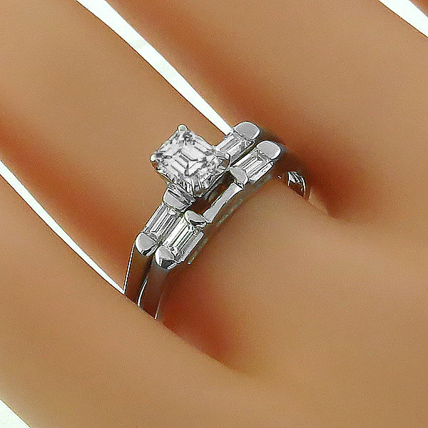 Antique 0.40ct Emerald Cut Diamond 14k White Gold Engagement Ring and Band Set