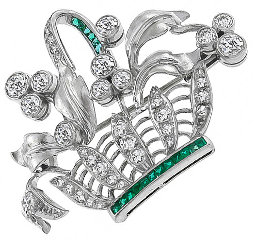 Vintage 1.00ct Diamond Emerald Flower Basket Pin