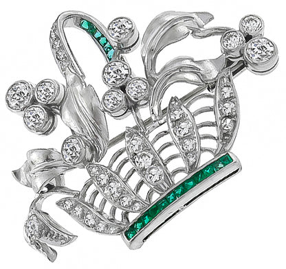 Vintage 1.00ct Diamond Emerald Flower Basket Pin