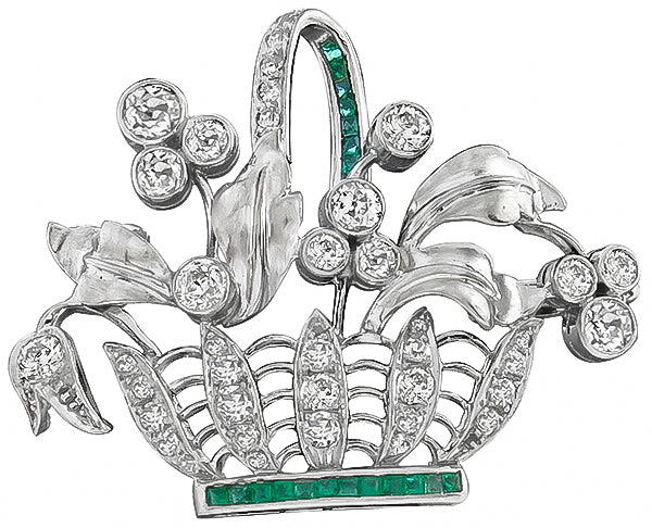 Vintage 1.00ct Diamond Emerald Flower Basket Pin