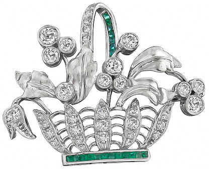 Vintage 1.00ct Diamond Emerald Flower Basket Pin