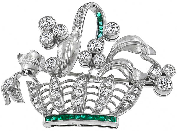 Vintage 1.00ct Diamond Emerald Flower Basket Pin