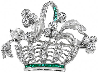 Vintage 1.00ct Diamond Emerald Flower Basket Pin