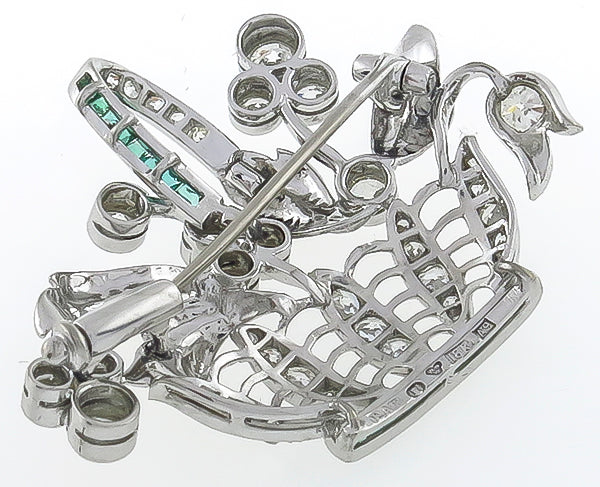 Vintage 1.00ct Diamond Emerald Flower Basket Pin