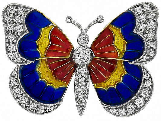 Vintage 1.00ct Diamond Enamel Butterfly Pin