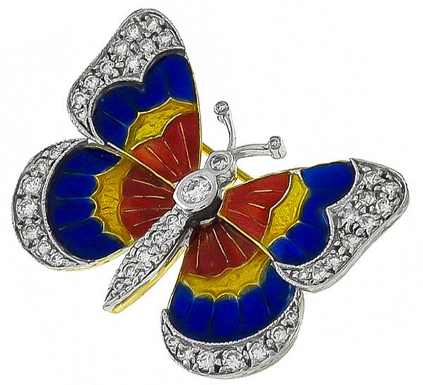 Vintage 1.00ct Diamond Enamel Butterfly Pin