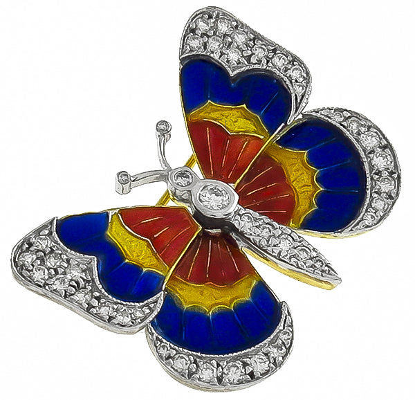 Vintage 1.00ct Diamond Enamel Butterfly Pin
