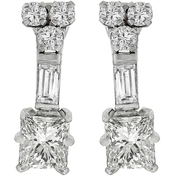 Vintage 1.14ct Princess Cut Diamond Drop 14k White Gold Earrings