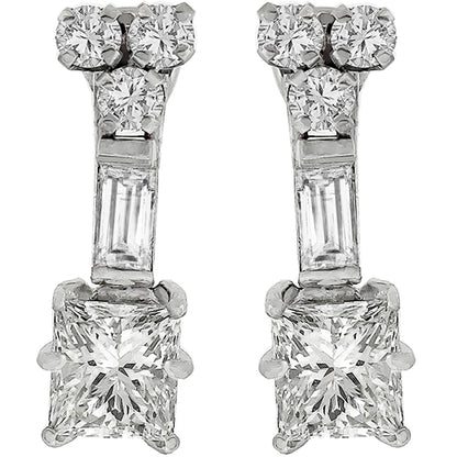 Vintage 1.14ct Princess Cut Diamond Drop 14k White Gold Earrings
