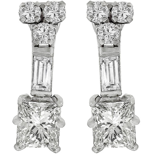Vintage 1.14ct Princess Cut Diamond Drop 14k White Gold Earrings