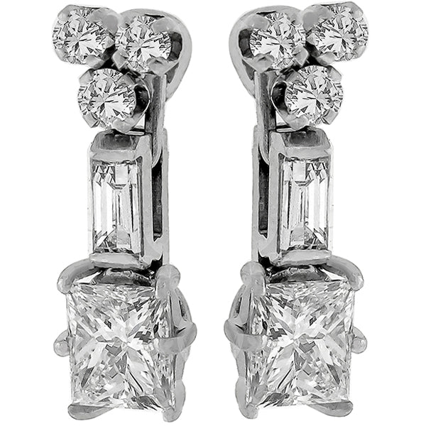 Vintage 1.14ct Princess Cut Diamond Drop 14k White Gold Earrings
