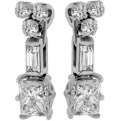 Vintage 1.14ct Princess Cut Diamond Drop 14k White Gold Earrings