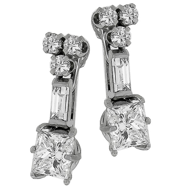 Vintage 1.14ct Princess Cut Diamond Drop 14k White Gold Earrings